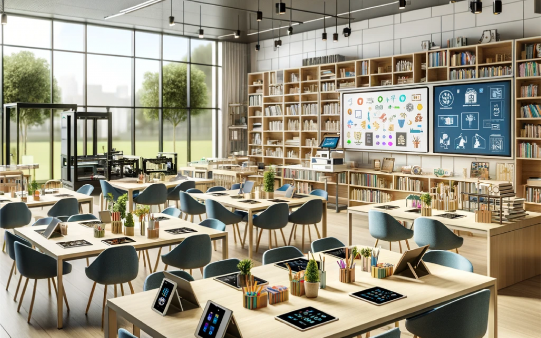 DALL·E-2024-05-15-07.11.40-A-modern-classroom-designed-for-innovation-and-interactive-learning-featuring-tables-tablets-and-books.-The-room-includes-a-large-smartboard-and-a-.png